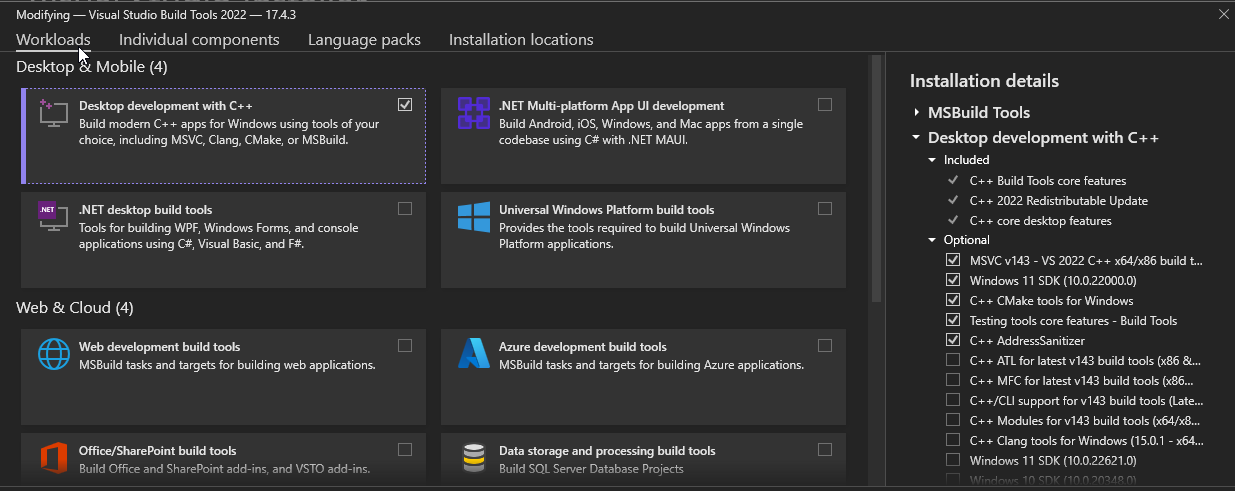 I installed the the first option, Desktop development with C++, which installed MSVC